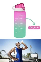 Flosoft 1 litre Çift Renk Suluk, Okul ve Sporcu Matarası, Motivasyonel Su Şişesi 1000ml Pembe - 2