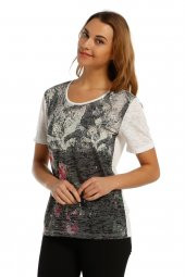 Çiçek Baskılı Devore Bluz T-shirt - 1
