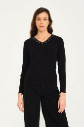 Kristal Taş Motifli Triko Örme Kazak - 1