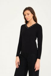 Kristal Taş Motifli Triko Örme Kazak - 3