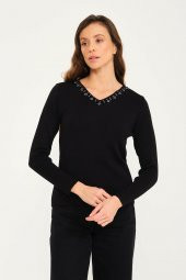 Kristal Taş Motifli Triko Örme Kazak - 4