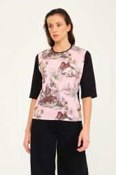 Tropikal Desen Basılı T-shirt Bluz - 1