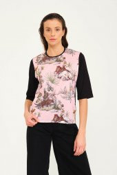 Tropikal Desen Basılı T-shirt Bluz - 4