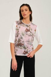 Tropikal Desen Basılı T-shirt Bluz - 8