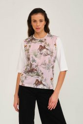 Tropikal Desen Basılı T-shirt Bluz - 10