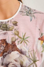 Tropikal Desen Basılı T-shirt Bluz - 12