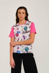 Fashion Baskılı Kristal Taşlı Viskoz T-shirt - 4
