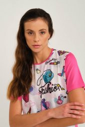 Fashion Baskılı Kristal Taşlı Viskoz T-shirt - 6