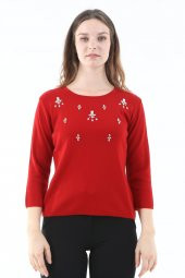 Kristal Taş Işlemeli Abiye Kadın Triko Bluz thumbnail 1