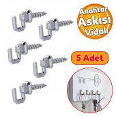 Çengelli Duvar Dolap Çekmece Kapı Metal Anahtar Askı Anahtarlık Askısı Vidalı (5 ADET) - 1