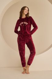 Bordo New York Kadife Pijama Takımı - 1