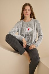 Gri Heart Kadife Pijama Takımı - 1