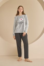Gri Heart Kadife Pijama Takımı - 2