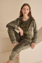 Haki Yeşil Love Kadife Pijama Takımı - 1