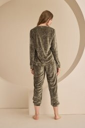 Haki Yeşil Love Kadife Pijama Takımı - 3
