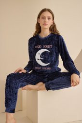 Lacivert Good Night Kadife Pijama Takımı - 4