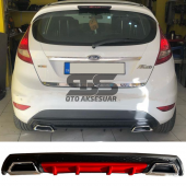 Ford Fiesta Mk7 Difüzör Arka Tampon Eki 2 Egzoz Çıkışlı Kırmızı Lüx Tip thumbnail 1