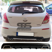 Hyundai i20 Difüzör Arka Tampon Eki 2 Egzoz Çıkışlı Siyah Lüx Tip thumbnail 1