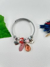 Kadın Charmlı Pembe Renk Kristal Taşlı Damla Çelik Bileklik - 1