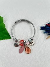 Kadın Charmlı Pembe Renk Kristal Taşlı Damla Çelik Bileklik - 4