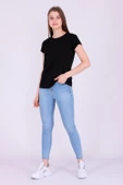 Siyah Renk %100 Pamuk Bisiklet Yaka Basic Baskısız Kadın Örme Kısa Kollu Tshirt - 6