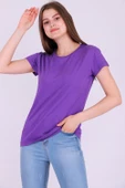 Mor Renk %100 Pamuk Bisiklet Yaka Basic Baskısız Kadın Örme Kısa Kollu Tshirt thumbnail 5