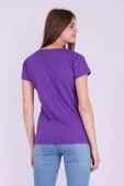 Mor Renk %100 Pamuk Bisiklet Yaka Basic Baskısız Kadın Örme Kısa Kollu Tshirt thumbnail 6