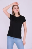 Siyah Renk %100 Pamuk Bisiklet Yaka Basic Baskısız Kadın Örme Kısa Kollu Tshirt - 2