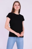 Siyah Renk %100 Pamuk Bisiklet Yaka Basic Baskısız Kadın Örme Kısa Kollu Tshirt - 1