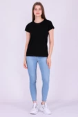 Siyah Renk %100 Pamuk Bisiklet Yaka Basic Baskısız Kadın Örme Kısa Kollu Tshirt - 4