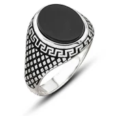 ​Gümüş Oniks Taşlı Desenli Erkek Yüzük thumbnail 1