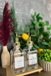 Digithome 2’li Cam Sıvı Sabun ve Losyon Etiketli Gold Tıpalı Deterjan Şişesi Sabunluk 500 Ml Gold - 2112020-G C1-1-289 - 1