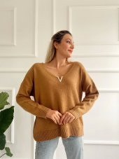 Kadın V Aksesuarlı Düz Kazak Camel - 5