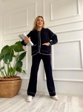 Kadın Çoban Dikişli Hırka-Pantolon Takım Siyah-Ekru - 1