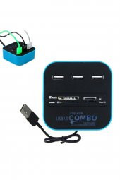 WOZLO 3 Port Usb 2.0 Hub - Usb Çoklayıcı + Usb Kart Okuyucu Mavi - 3