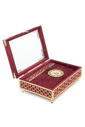 Şeffaf Pleksili Kadife Kaplı Sandıklı Çeyizlik Kuranı Kerim Seti -  Kırmızı thumbnail 3