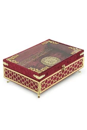 Şeffaf Pleksili Kadife Kaplı Sandıklı Çeyizlik Kuranı Kerim Seti -  Kırmızı thumbnail 4