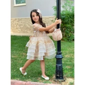 MODAVALS DANTEL VE PUL DETAYLI ÖZEL TASARIM KIZ ÇOCUK ABİYE  ELBİSE, TAÇ & KESE ÇANTA KOMBİN - KAHVE - 6