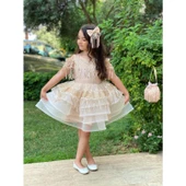 MODAVALS DANTEL VE PUL DETAYLI ÖZEL TASARIM KIZ ÇOCUK ABİYE  ELBİSE, TAÇ & KESE ÇANTA KOMBİN - KAHVE - 1