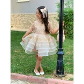 MODAVALS DANTEL VE PUL DETAYLI ÖZEL TASARIM KIZ ÇOCUK ABİYE  ELBİSE, TAÇ & KESE ÇANTA KOMBİN - KAHVE - 4