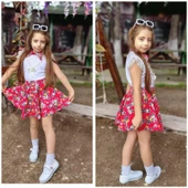 MODAVALS DANTELLİ KOLYELİ ÇİÇEK DESENLİ KIZ ÇOCUK ETEKLİ KOMBİN - KIRMIZI - 3