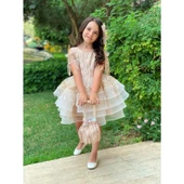 MODAVALS DANTEL VE PUL DETAYLI ÖZEL TASARIM KIZ ÇOCUK ABİYE  ELBİSE, TAÇ & KESE ÇANTA KOMBİN - KAHVE - 3