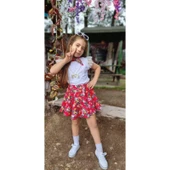 MODAVALS DANTELLİ KOLYELİ ÇİÇEK DESENLİ KIZ ÇOCUK ETEKLİ KOMBİN - KIRMIZI - 10