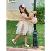 MODAVALS DANTEL VE PUL DETAYLI ÖZEL TASARIM KIZ ÇOCUK ABİYE  ELBİSE, TAÇ & KESE ÇANTA KOMBİN - KAHVE - 5