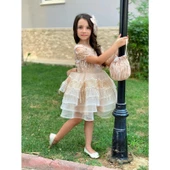 MODAVALS DANTEL VE PUL DETAYLI ÖZEL TASARIM KIZ ÇOCUK ABİYE  ELBİSE, TAÇ & KESE ÇANTA KOMBİN - KAHVE - 7