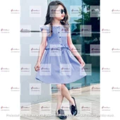 MODAVALS HASIR KEMERLİ GİPE VE DÜĞME DETAYLI KIZ ÇOCUK ETEKLİ KOMBİN - MAVİ - 4