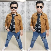 MODAVALS GABARDİN CEKETLİ KURU KAFA TASARIMLI ERKEK ÇOCUK KOT KOMBİN - KAHVE - 3