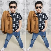 MODAVALS GABARDİN CEKETLİ KURU KAFA TASARIMLI ERKEK ÇOCUK KOT KOMBİN - KAHVE - 4