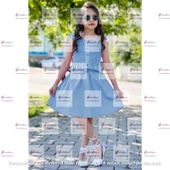 MODAVALS HASIR KEMERLİ GİPE VE DÜĞME DETAYLI KIZ ÇOCUK ETEKLİ KOMBİN - MAVİ - 3