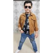 MODAVALS GABARDİN CEKETLİ KURU KAFA TASARIMLI ERKEK ÇOCUK KOT KOMBİN - KAHVE - 1